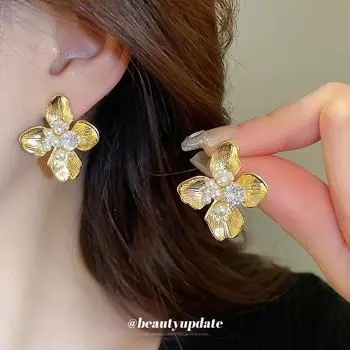 Серьги-цветы из позолоченного серебра с цирконием и жемчугом: Модно, универсально и роскошно для женщин Silver Needle, Real Gold Electroplating золотой