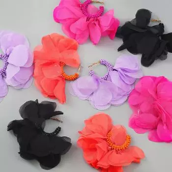 Серьги-цветы из рисовых бусин в богемном этническом стиле чёрный