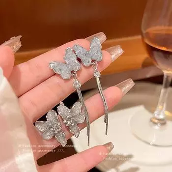 Серьги-цветы из серебра 925 пробы с синими кристаллами, длинными кисточками и дизайном в виде бабочек A1625 серебряный