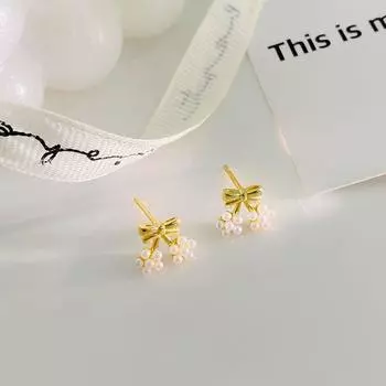 Серьги-цветы с жемчугом и бантом. Изысканные, легкие, роскошные, высокого класса, милые серьги для девочек.