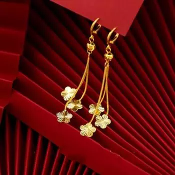 Серьги-цветы женские позолоченные с цветком сливы, длинный крючок для ушей золотой