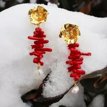 Серьги, Дар природы, Оригинальные натуральные длинные серьги Хуншань, Серьги-гвоздики с жемчужным цветком 380