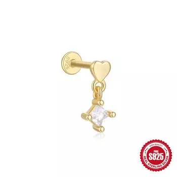 Серьги для пирсинга хряща из стерлингового серебра S925 с геометрическим кулоном в форме восьмиугольного сердца и перфорированным цирконием Серьги с внутренней резьбой