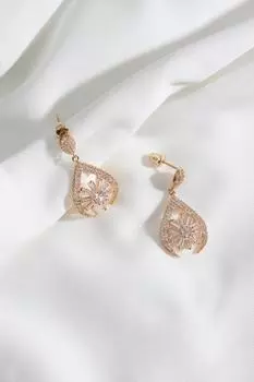 Серьги для вечернего платья золотистого цвета с цирконом и камнем овальной формы