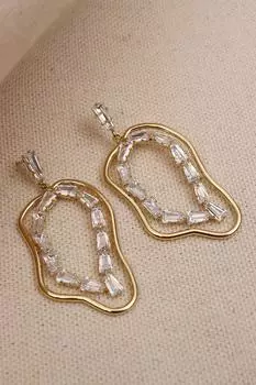 Серьги для вечернего платья золотого цвета с трапециевидным камнем из циркона