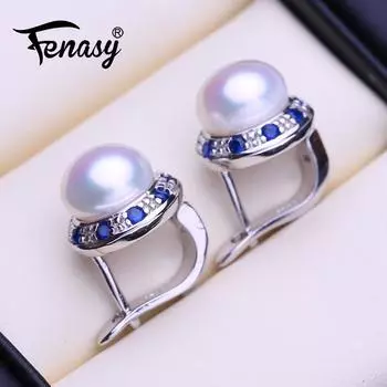 Серьги FENASY с натуральным пресноводным жемчугом, модные серьги-клипсы с зелеными кристаллами, женские серьги с жемчугом A белый