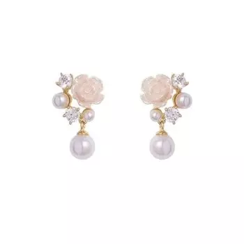 Серьги французской белой камелии, модные серьги-гвоздики с жемчугом и цветами, жемчужные серьги для женщин белый