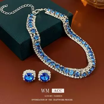 Серьги French Light Luxury Blue Diamond Square — изысканный универсальный дизайн высокого класса Necklace and Earrings - Set of 2 синий