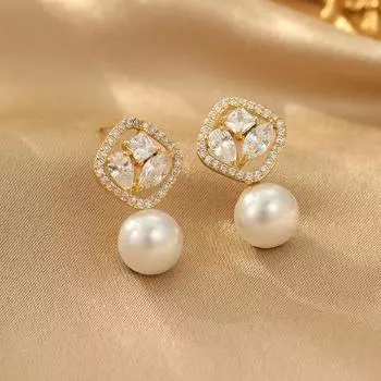 Серьги French Light Luxury Square Pearl Circon, уникальные серебряные серьги-иглы, модные украшения для ушей высокого класса 14k