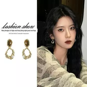 Серьги-геометрические кофейные серьги в стиле ретро «тигровый глаз» для женщин в Гонконге – стильные и универсальные A2089 золотой