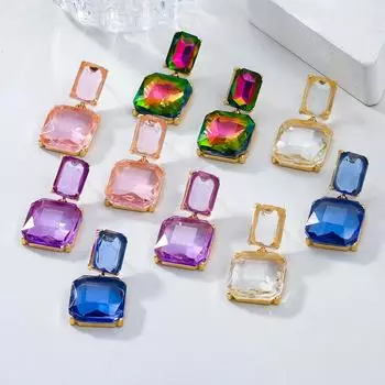 Серьги геометрической формы с многослойными цветными бриллиантами 2024 года — модный европейский и американский стиль