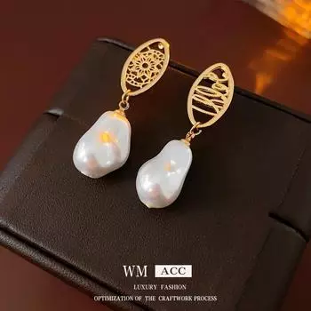 Серьги геометрической формы с позолоченным серебряным жемчугом и звездами - элегантный ретро-дизайн для женщин Real Gold Plating