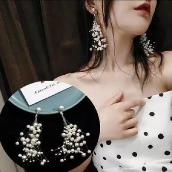 Серьги «Гипсофила» с длинной кисточкой и жемчугом в виде рыбной лески