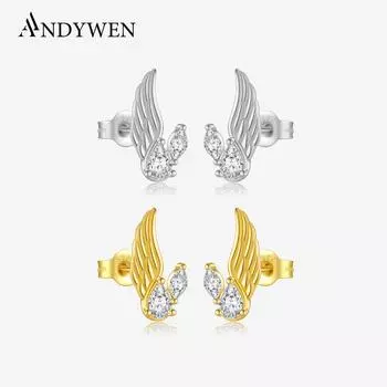 Серьги-гвоздики ANDYWEN из стерлингового серебра 925 пробы в форме крыльев, женские роскошные серьги, сверкающие кубические цирконии, ювелирные украшения m серебряный
