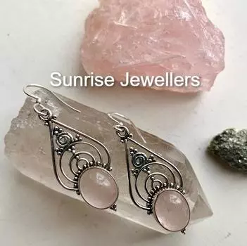 Серьги-гвоздики Ari Double Drop из розового кварца от Sunrise и обруч-кольцо с подвеской • Подарок лучшему другу • free Size розовый