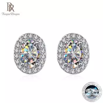 Серьги-гвоздики Bague Ringen овальной огранки с муассанитом и бриллиантами, 100% серебро 925 пробы, обещание, свадебные украшения с платиновым покрытием для женщин, свадебные украшения 2 x 0.5ct moissanite зелёный