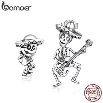 Серьги-гвоздики Bamoer из оксидированного серебра для женщин, мужские украшения с черепом и гитарой, подарок для девочки, ювелирные изделия из стерлингового серебра 925 пробы 925 silver