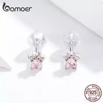 Серьги-гвоздики BAMOER из стерлингового серебра 925 пробы с розовым фианитом в виде кошачьей лапы, милые антиаллергенные серьги-гвоздики для девочек и детей Earring
