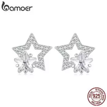 Серьги-гвоздики BAMOER из стерлингового серебра 925 пробы с кристаллами и звездами, серьги с двойной звездой и кубическим цирконием для женщин, милые изящные ювелирные изделия, подарок 925 silver
