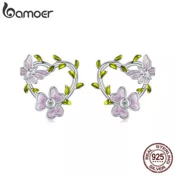 Серьги-гвоздики Bamoer из стерлингового серебра 925 пробы с цветком глицинии и бабочкой, серьги-гвоздики с сердцем и виноградной лозой для женщин и девочек, романтические изящные ювелирные изделия SCE1687