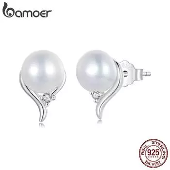 Серьги-гвоздики BAMOER из стерлингового серебра 925 пробы AAA + с фианитом, собранные вручную, с культивированным пресноводным жемчугом