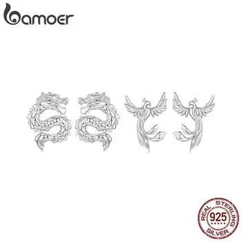 Серьги-гвоздики BAMOER из стерлингового серебра 925 пробы с изображением Феникса, серьги-гвоздики с летающим драконом, винтажные уникальные стильные серьги для женщин, ювелирные изделия, подарки 13*11mm