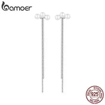 Серьги-гвоздики BAMOER из стерлингового серебра 925 пробы с жемчугом и кисточкой, качественные жемчужные серьги в виде ракушек, винтажные для женщин, изящные ювелирные изделия для вечеринки 53*12mm