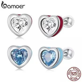 Серьги-гвоздики BAMOER из стерлингового серебра 925 пробы, простые серьги-гвоздики с надписью Love, синие и красные серьги-гвоздики для женщин, модные вечерние ювелирные изделия, подарок красный