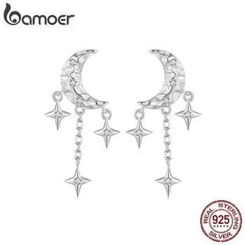 Серьги-гвоздики BAMOER из стерлингового серебра 925 пробы с луной, серьги с кисточками в виде звездочек для женщин и девочек, элегантные серьги, ювелирные украшения, подарок