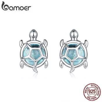 Серьги-гвоздики BAMOER Ocean Blue Turtles из стерлингового серебра 925 пробы со стеклом и цирконами, ювелирные изделия в подарок 925 silver