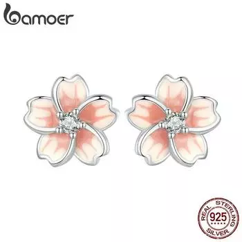 Серьги-гвоздики BAMOER с розовой эмалью вишневого цвета, стерлинговое серебро 925 пробы, серьги-гвоздики с фианитами и платиновым покрытием для женщин и девочек SCE1673