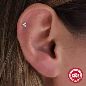 Серьги-гвоздики Canner925 Sterling Silver 1Pc с треугольными головками, инкрустированные шариками, маленькие ушные косточки, женские ювелирные изделия, подходящие серебряный