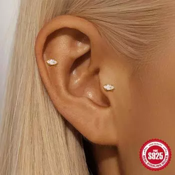 Серьги-гвоздики Canner S925 Sterling Silver 1PC Marquise, плоские серьги-гвоздики для хряща, серьги-спирали, гипоаллергенные украшения для пирсинга, подарок невесте золотой