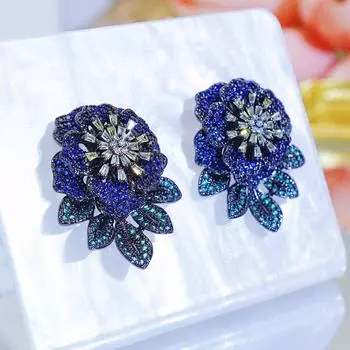 Серьги-гвоздики CMM для тяжелой промышленности с микроинкрустацией, цветные цирконовые цветы, модные роскошные серьги для вечеринок, женские серьги-гвоздики с черным покрытием разноцветный