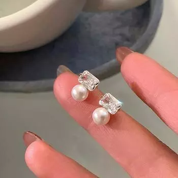 Серьги-гвоздики Design Sense Square Zircon Pearl женские маленькие изысканные легкие роскошные модные элегантные темпераментные универсальные серьги