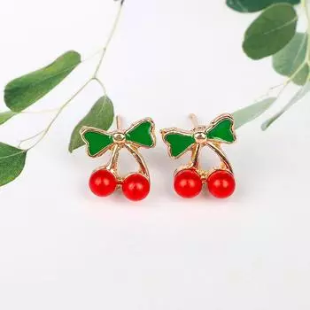 Серьги-гвоздики для девочек Cherry Green Bowknot Cherry Ear Studs Bowknot красный/зелёный