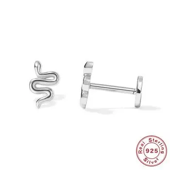 Серьги-гвоздики для пирсинга хряща из стерлингового серебра S925 с изображением дьявольского глаза, змеи и бриллиантов, смайлик, плоская головка, внутренняя резьба, 16 г