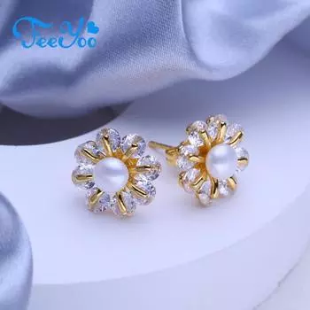 Серьги-гвоздики FEEYOO с натуральным пресноводным жемчугом для женщин и девочек, модные серьги-гвоздики золотого цвета с цветком, офисные украшения белый