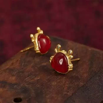 Серьги-гвоздики Fulong из стерлингового серебра 925 пробы с агатом, женские новые простые ретро-серьги в китайском стиле, натальный год, зодиакальный дракон, сокровище 925 Silver