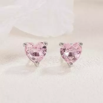 Серьги-гвоздики Heart CZ, серебряные, модные, розовые, с цирконием, для женщин розовый