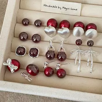 Серьги-гвоздики холодного серо-красного цвета с легким жемчугом, коллекция женских легких роскошных модных универсальных сережек