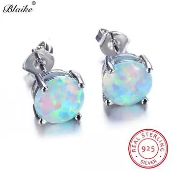 Серьги-гвоздики из 100% стерлингового серебра 925 пробы с белым огненным опалом для женщин, ювелирные изделия, серьги-гвоздики с круглым камнем 8 мм, серьги с камнями