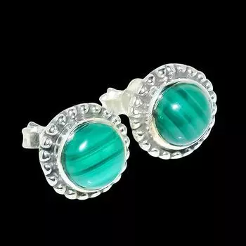 Серьги-гвоздики из чистого серебра 925 пробы с натуральным малахитом ручной работы N1q60