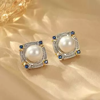 Серьги-гвоздики из французского ретро-жемчуга и циркония, квадратные серьги из двухцветного золота с сапфирами, элегантные серьги-поклонники Muse 18K