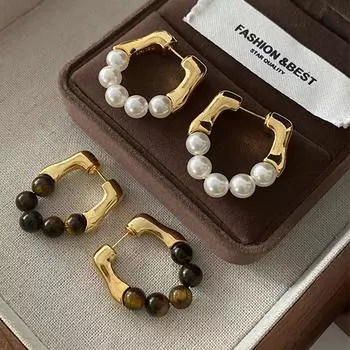 Серьги-гвоздики из камня тигровый глаз с жемчугом, свадебные серьги для подружек невесты, модные, легкие, роскошные, элегантные, серьги Майяра