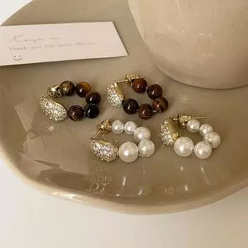 Серьги-гвоздики из металла с тигровым глазом и жемчугом и цирконием, женские, ретро, нишевые, легкие, роскошные, элегантные, индивидуальные, темпераментные, универсальные серьги