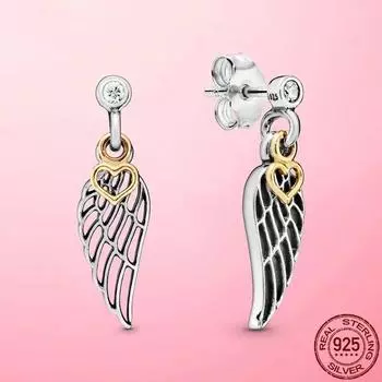 Серьги-гвоздики из настоящего серебра 925 пробы с желтым сердцем и перьями для женщин, кубический циркон, подарок на день рождения, свадьбу, модные украшения