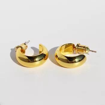 Серьги-гвоздики из настоящего золота с медным покрытием, полированная текстура, с широким циферблатом, золотые минималистичные и универсальные геометрические серьги в форме буквы C, пригородные серьги 250