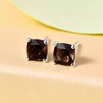 Серьги-гвоздики из натурального дымчатого кварца Cushion в стерлинговом серебре