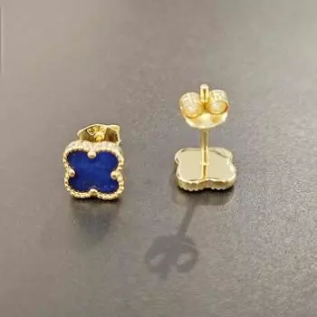 Серьги-гвоздики из натурального лазурита с покрытием из 14-каратного золота, 7 мм, из стерлингового серебра 925 пробы в виде четырехлистного цветка золотой